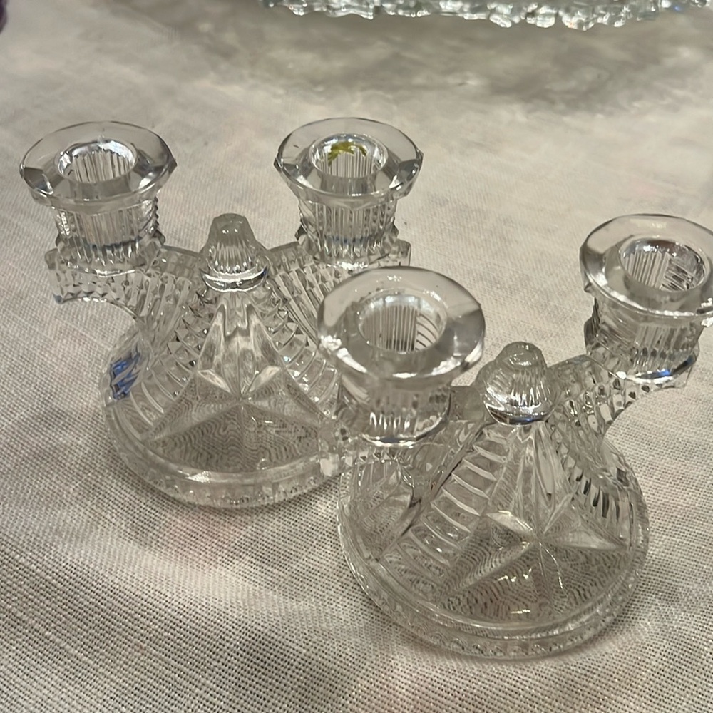 Antique Federal Glass "Wigwam" Double Candlestick Holder Pair